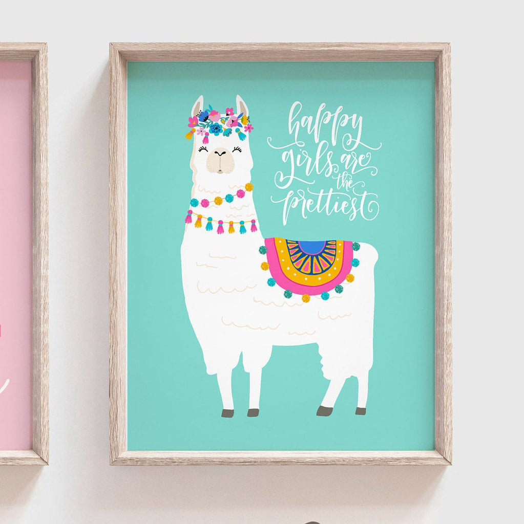 Pastel llama nursery art, little girls llama nursery bedroom, girls pink yellow teal room decor, baby girl personalized boho llama themed
