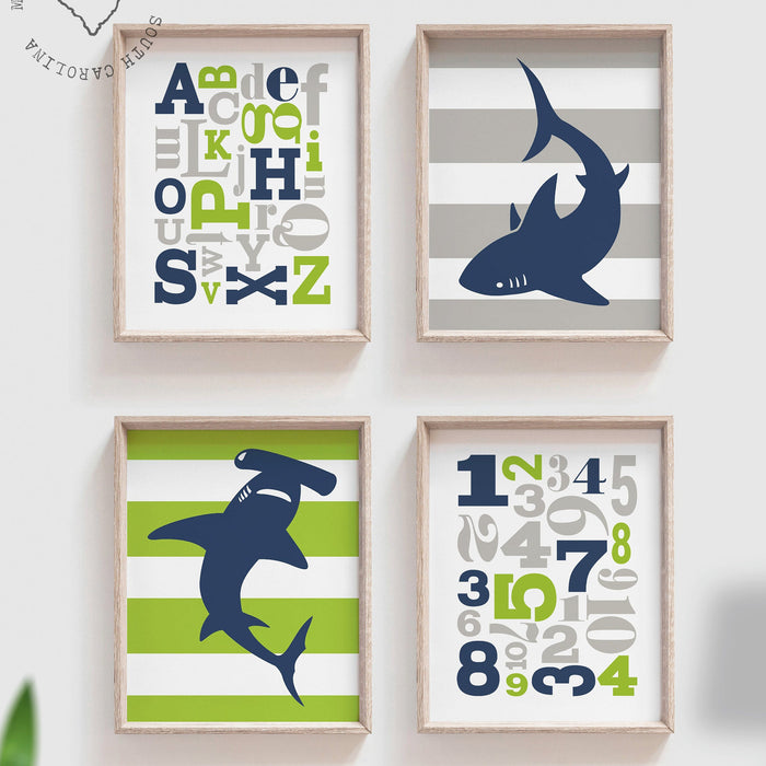 Boys nursery decor, shark nursery decor, lime gray and navy blue nursery wall art, shark theme nursery art, shark decor, shark art, abc 123
