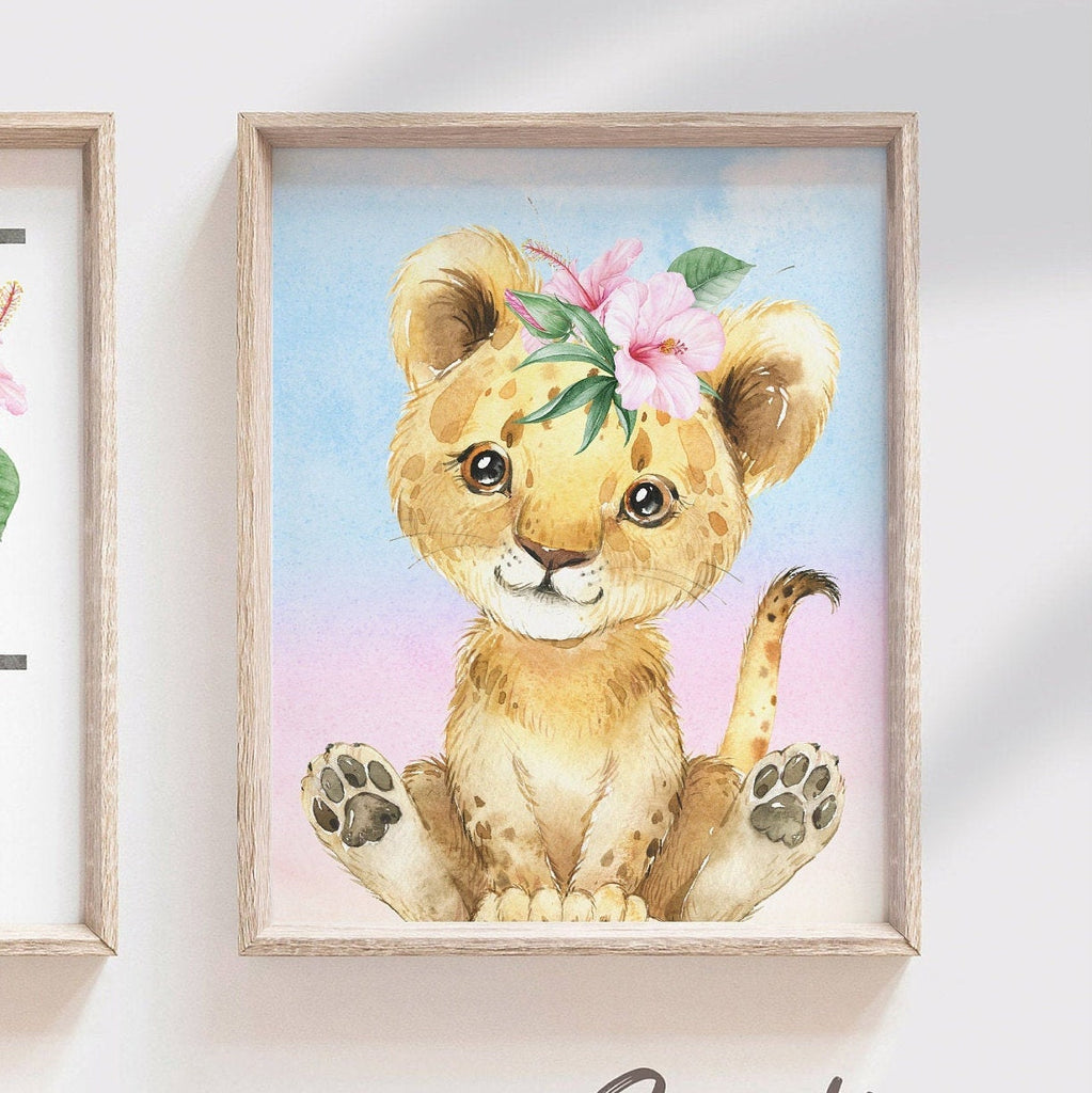 Zoo animal art, baby girl animal nursery, tropical jungle animal wall art for nursery, animal decor girl gift baby shower, girl bedroom art