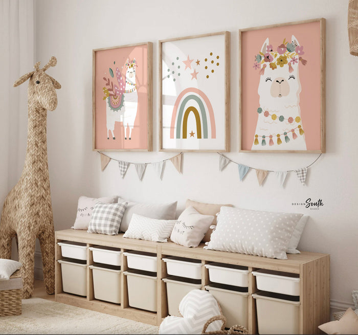 Boho nursery decor, boho nursery wall art idea, print set llama mauve pink succulents, llama themed baby room, wall decor girl bedroom llama