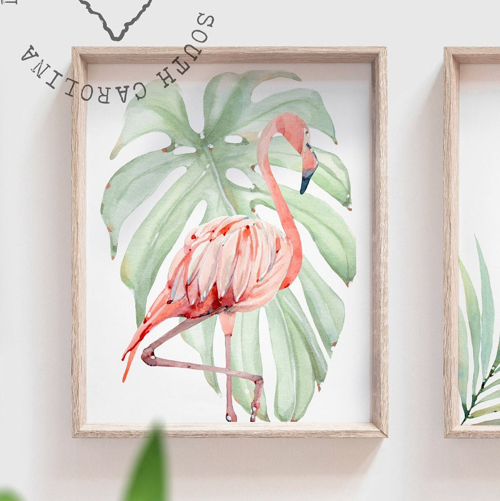 Flamingo print art set, above crib tropical wall, flamingo nursery decor, baby room decor, newborn flamingo nursery pink and green