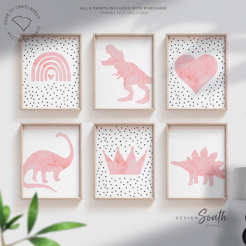 Girl dinosaurs hearts rainbows, girl pink dinosaur themed nursery, girl dinosaur bedroom wall art, pink dinosaurs, 6 girly dinosaur prints