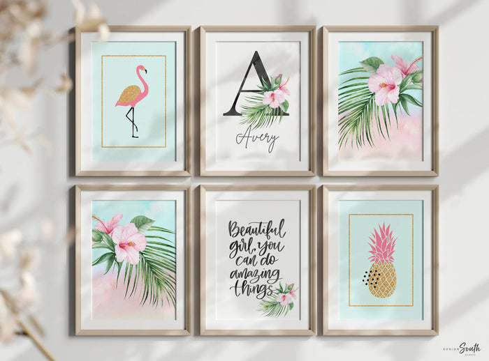 Palm tropical vibrant prints, bright floral tropical nursery decor, tropical beach baby room, pink aqua gold tropical girl nursery bedroom