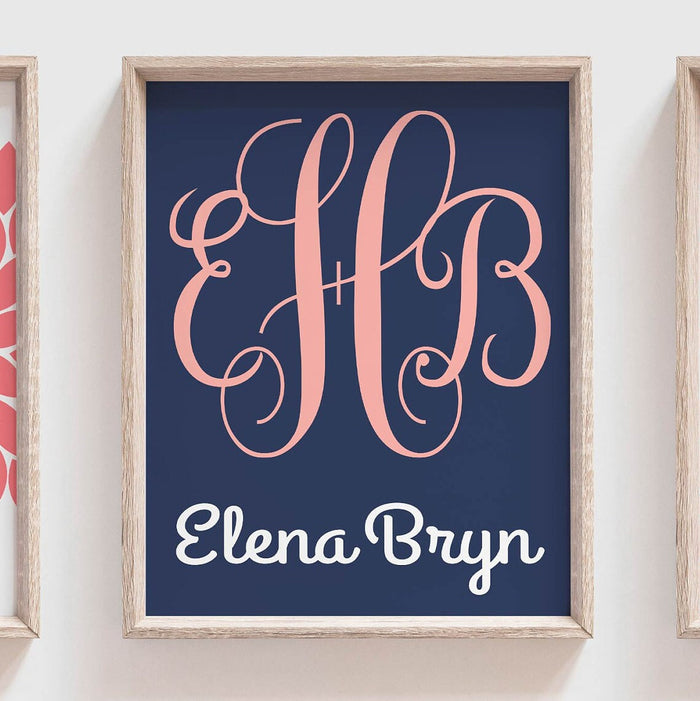 Baby girl nursery coral navy, gift for little girl, bedroom wall prints floral, baby art personalized monogram girls initials, wall pictures