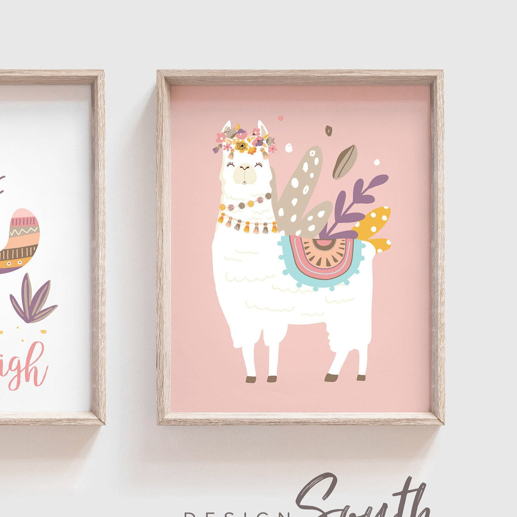 Baby girl nursery muted pink, floral llama pale pinks, baby alpaca decor mauve, crown animal llama pictures print set, bedroom girl's name