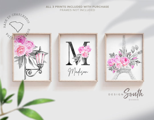 Pink paris themed girls room, hot pink eiffel tower parisian little girl decor, girl personalized name floral roses, elegant nursery decor