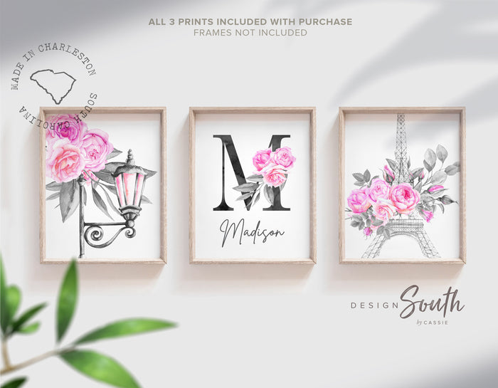 Pink paris themed girls room, hot pink eiffel tower parisian little girl decor, girl personalized name floral roses, elegant nursery decor