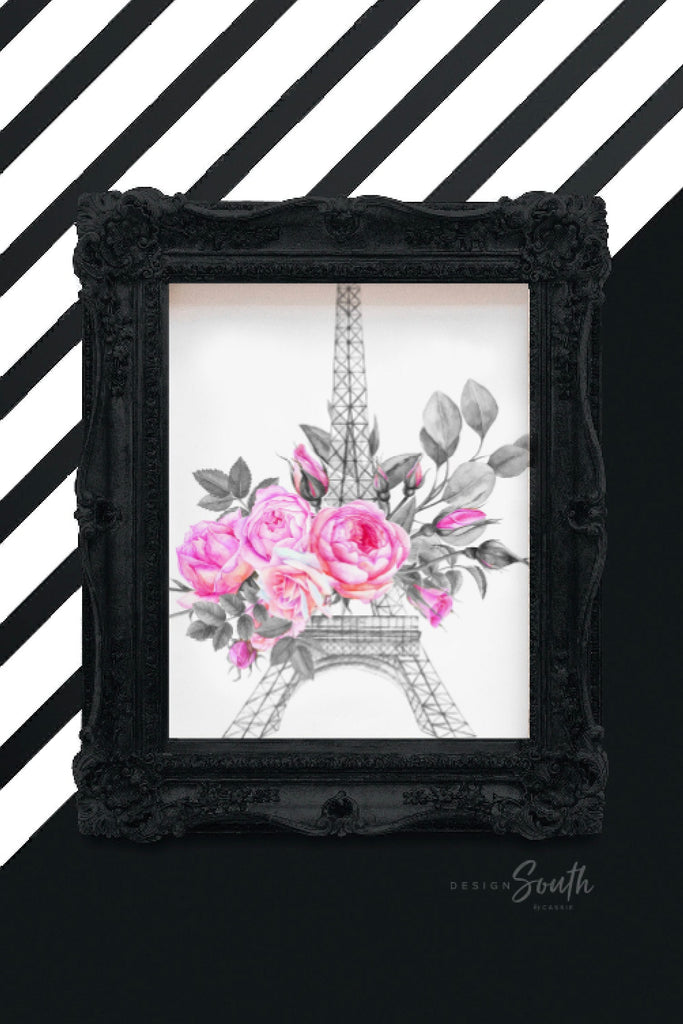 Pink paris themed girls room, hot pink eiffel tower parisian little girl decor, girl personalized name floral roses, elegant nursery decor