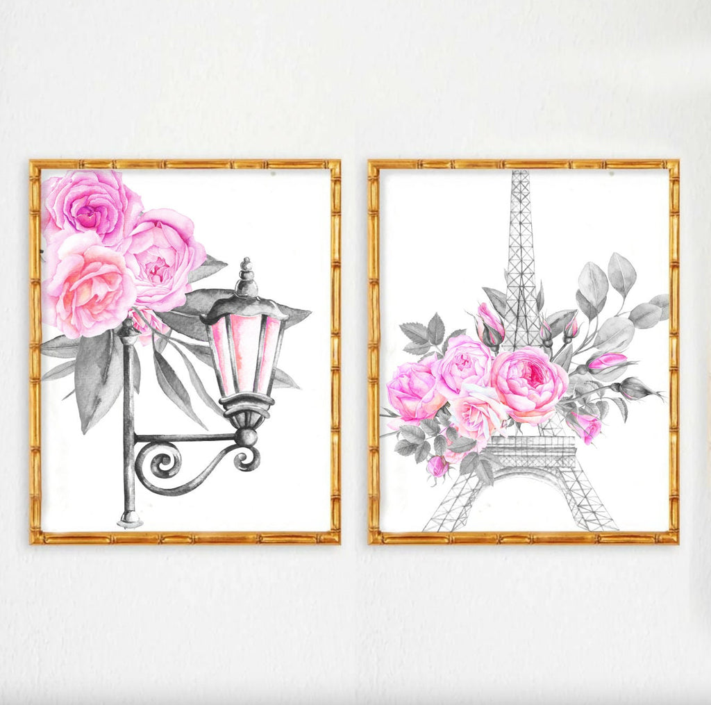 Pink paris themed girls room, hot pink eiffel tower parisian little girl decor, girl personalized name floral roses, elegant nursery decor