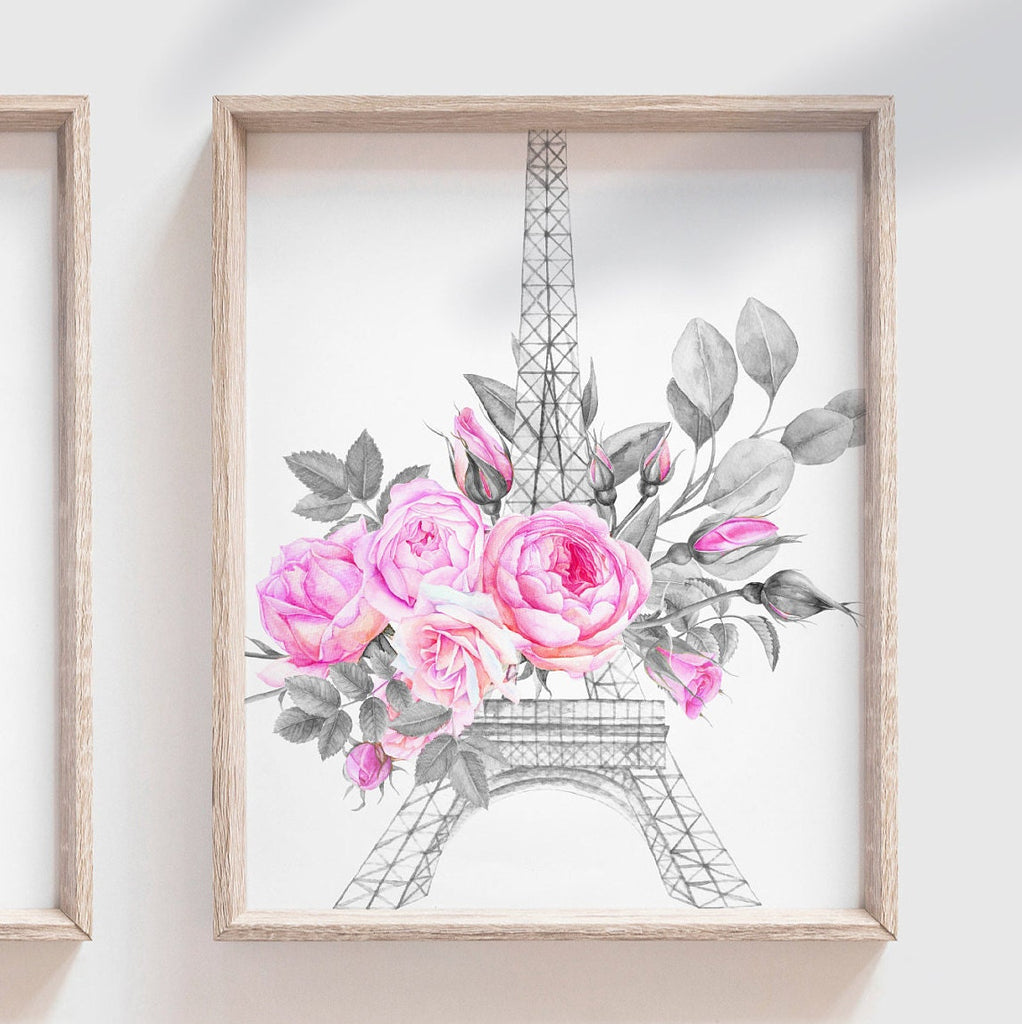 Pink paris themed girls room, hot pink eiffel tower parisian little girl decor, girl personalized name floral roses, elegant nursery decor