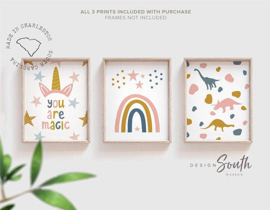 Girl dinosaur and unicorn art, dinosaur unicorn prints for girls, trendy pattern girl dinosaurs, art prints dinosaur unicorn theme modern