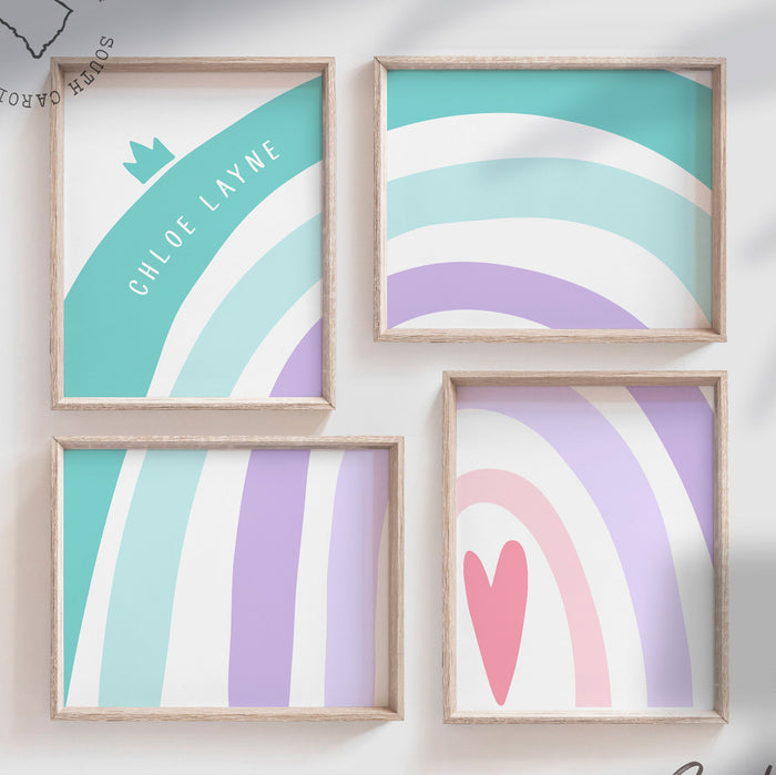 Rainbow nursery teal aqua purple lilac lavender pink, heart love girls name personalized gift, purple and teal nursery, girls bedroom wall