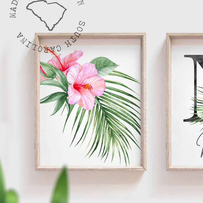 Hot pink floral nursery decor, wall art for girls room tropical hot pink, green palms and pink, little girl bedroom personalized name,