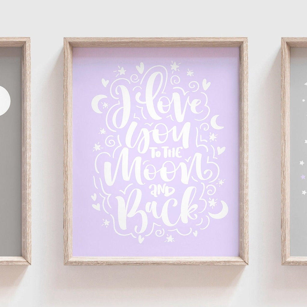 Baby girl nursery lilac and gray, moon and stars nursery decor, I love you to the moon, cloud nursery girl, cloud wall art, moon star cloud
