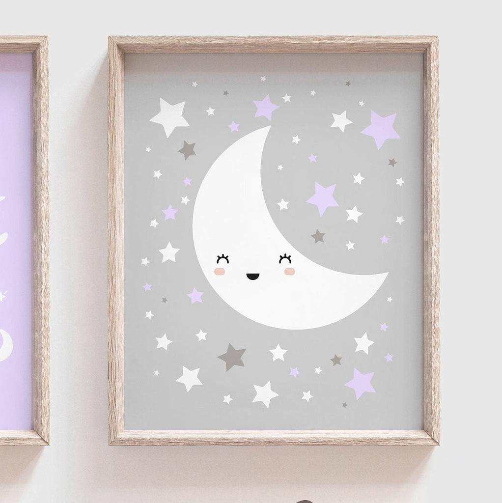 Baby girl nursery lilac and gray, moon and stars nursery decor, I love you to the moon, cloud nursery girl, cloud wall art, moon star cloud