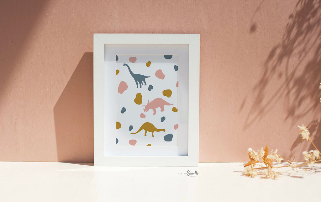 Girl dinosaur art, dinosaur prints for girls, trendy pattern pink girl dinosaurs, art prints dinosaur girl theme, girl room decor modern art