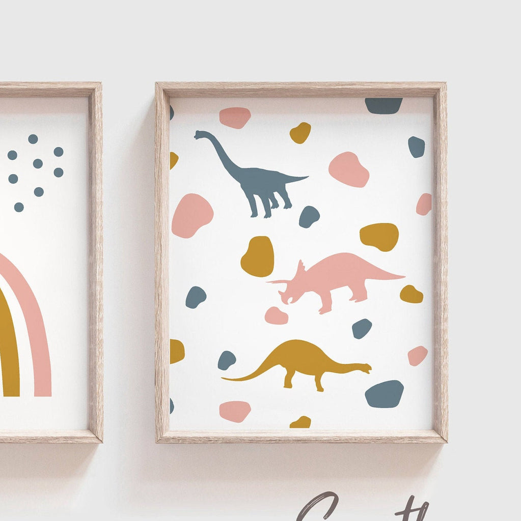 Girl dinosaur art, dinosaur prints for girls, trendy pattern pink girl dinosaurs, art prints dinosaur girl theme, girl room decor modern art