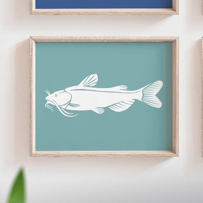 Fish art prints nursery decor modern, nautical artwork blue and gray, set of four prints, fishing theme gift for boys, playroom wall ideas