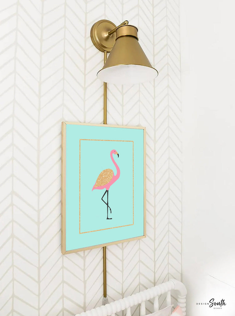 Teal pink and gold art, teal nursery prints, teal flamingo decor, pink teal and gold girls decor, pink aqua flamingo nursery personalized – unframed wall art print for kids room or nursery.