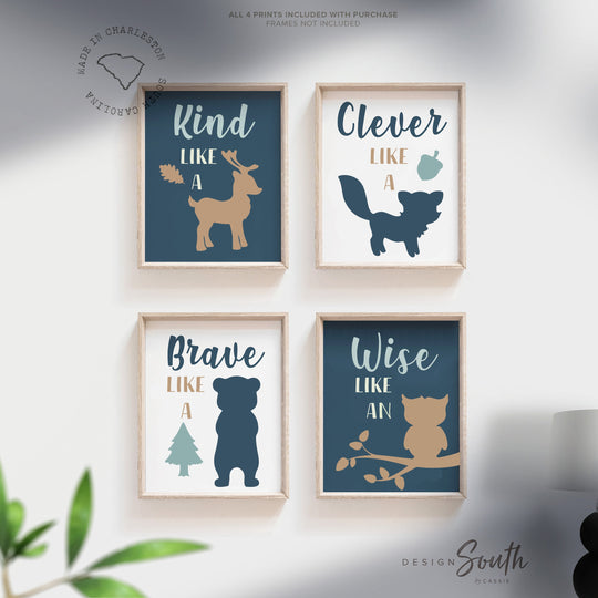 Baby boy nursery rustic woodland animals, bear owl deer kids wall art prints, navy blue woodland, boy wall decor ideas, animals wall art – unframed wall art print for kids room or nursery.