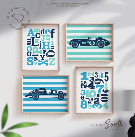 Racing nursery art, racing bedroom art, boys art, car wall decor, boy race car art, boys playroom decor, boys race cars, boys blue car theme – unframed wall art print for kids room or nursery.