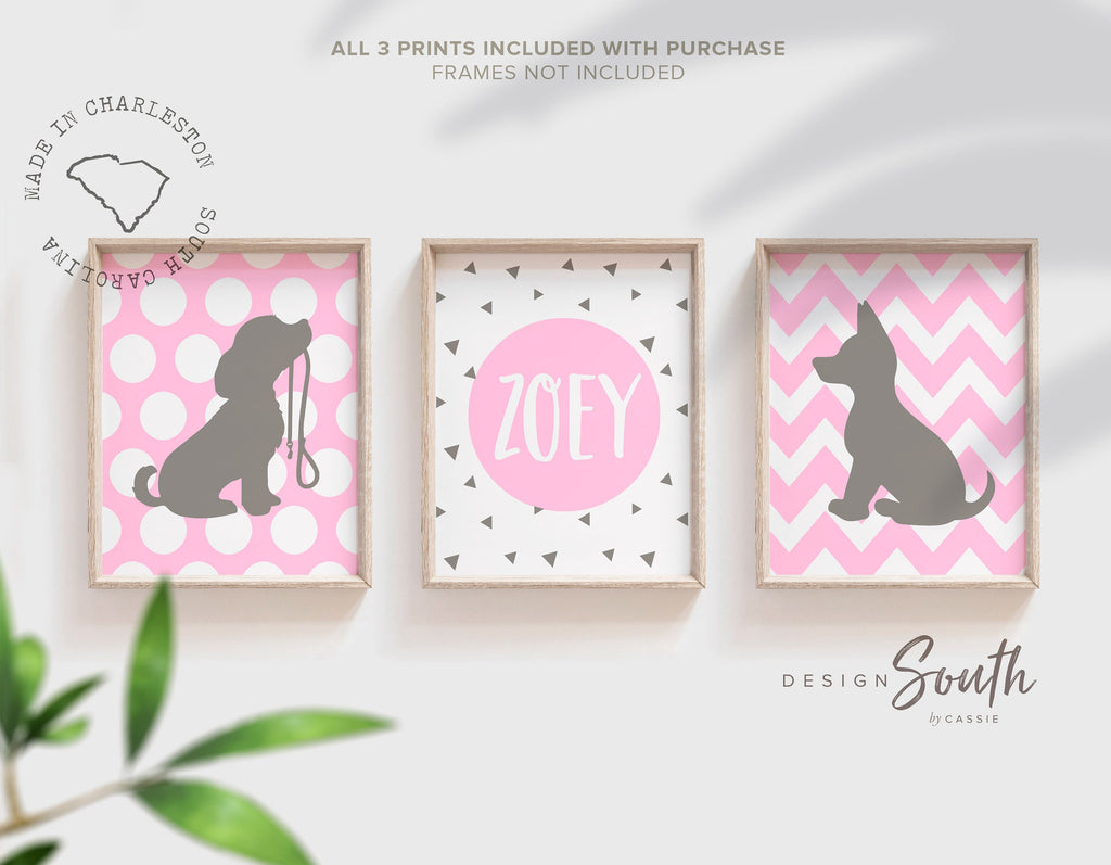 Pink puppy art, girls puppy art, baby girl puppy nursery, girls nursery puppies, girls puppy nursery, pink gray, pink and gray puppy nursery