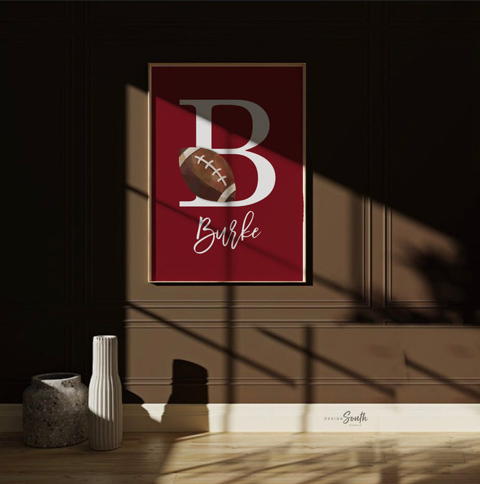 Red and gray sports themed room personalized boys name, sports print set gallery collection, sports wall art theme, basketball soccer ball