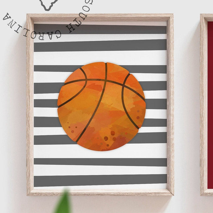 Red and gray sports themed room personalized boys name, sports print set gallery collection, sports wall art theme, basketball soccer ball