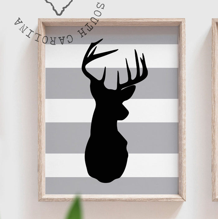 Nursery deer decor, deer prints, buck deer, black and gray deer art, deer art for playroom, deer for child's bathroom, personalized deer art