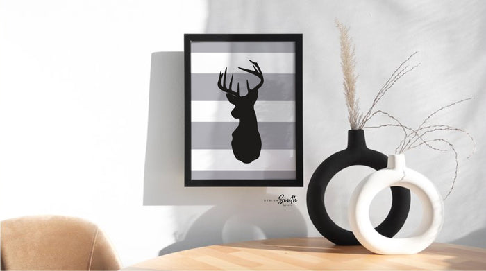 Nursery deer decor, deer prints, buck deer, black and gray deer art, deer art for playroom, deer for child's bathroom, personalized deer art