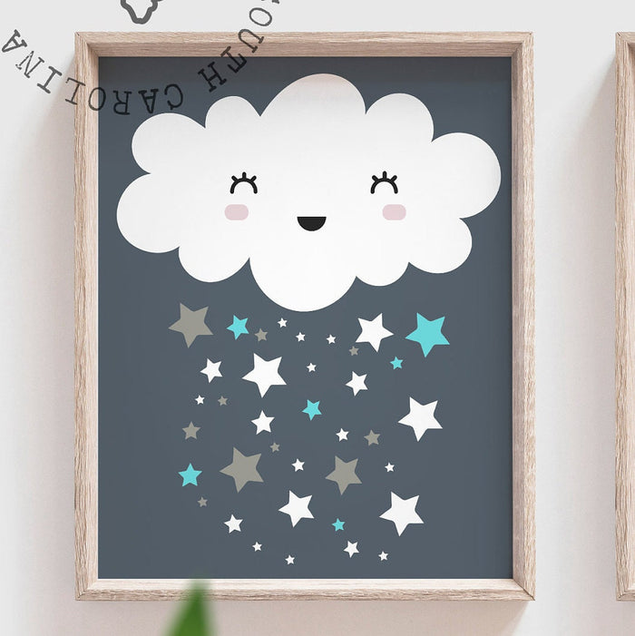 Moon and stars nursery decor, navy gray and baby blue, I love you to the moon, cloud nursery boy, cloud wall art, moon star cloud, baby boy