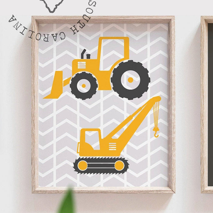 Construction nursery, construction bedroom, crane, digger, gray yellow construction, wall prints construction trucks personalized boys name