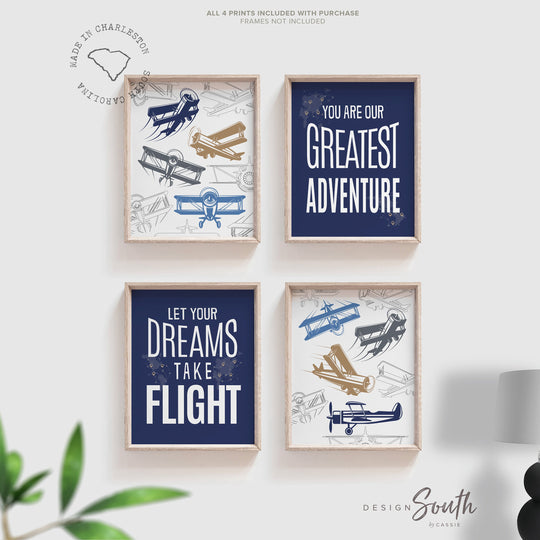 Airplane nursery art, airplanes, aviation, boys nursery, let your dreams take flight, navy blue, vintage airplanes, boys airplane prints – unframed wall art print for kids room or nursery.