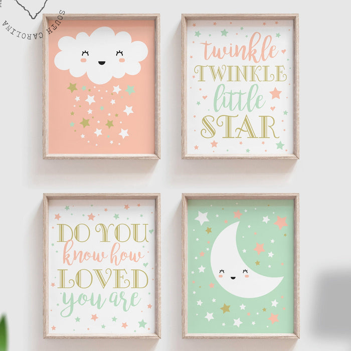Mint peach and gold nursery, baby girl mint, baby girl peach, gold and peach, moon and stars, star nursery, baby star art, baby star decor