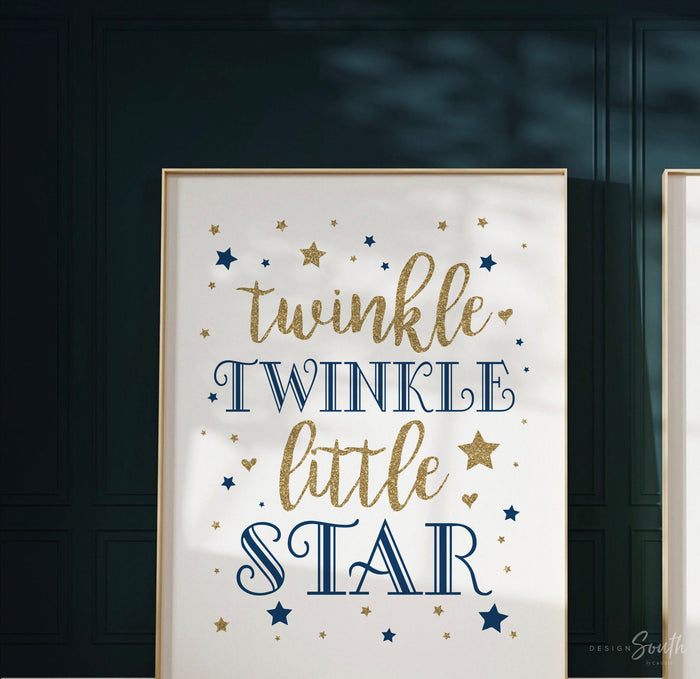 Moon stars nursery, celestial nursery boy, navy blue gold, moon stars & clouds, baby boy art, star moon baby decor, celestial art wall decor