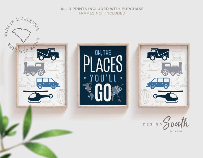 Transportation boys room wall art cars trains helicopter, navy blue and gray cars, boy bedroom decor, car bedroom boy, car decor boy room