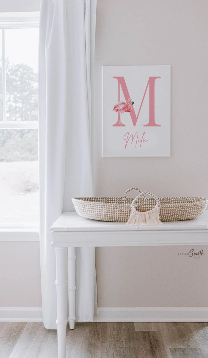 Pink flamingo nursery art, pink nursery decor baby name and flamingo, girls name customized with pink flamingos, tropical nursery themed art