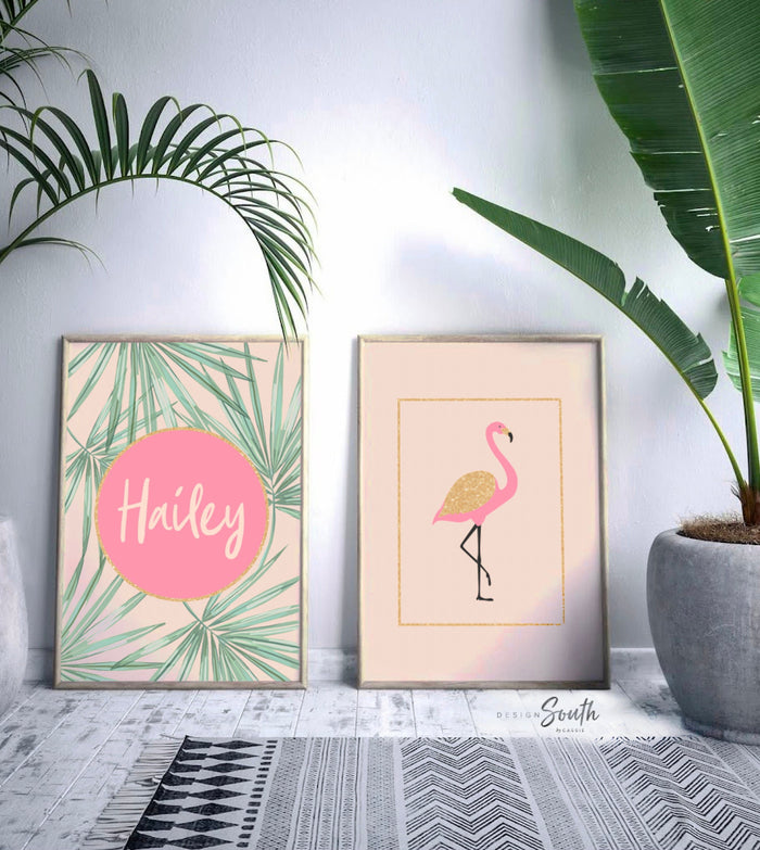 Pink gold flamingo nursery decor, girls nursery decor pink and gold, tropical nursery theme, girls tropical bedroom, wall decor pink gold