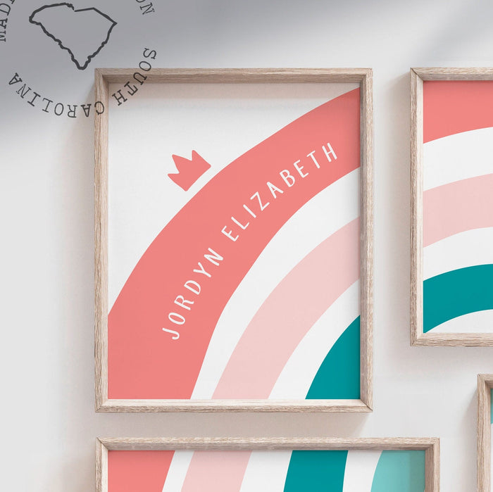 Coral and turquoise nursery bedroom art, rainbow nursery or bedroom, baby girl wall art coral turquoise personalized name, coral nursery art