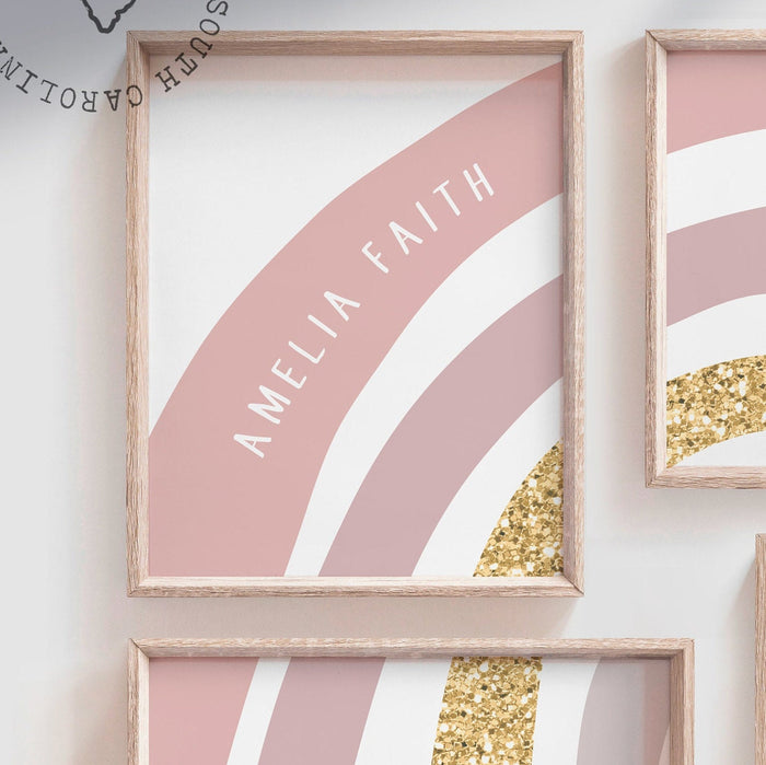 Baby girl pink gold, nursery wall art pink gold sparkles, rainbow baby room pink gold, gift for girl pink gold, glitter sparkles pink gold