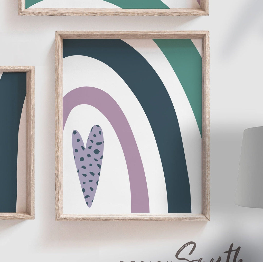 Modern purple green nursery art, baby girl room purple & green colors, girl bedroom purple shade rainbow, trendy nursery moody color rainbow – unframed wall art print for kids room or nursery.