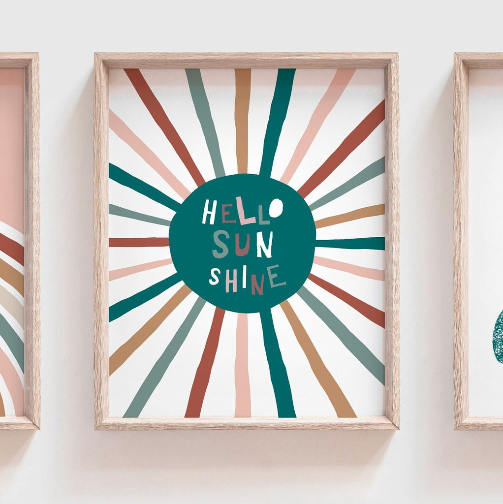 Hello sunshine baby art, teal nursery art, teal bedroom gender neutral kids art, gender neutral nursery beige teal, sun clouds rainbow kids