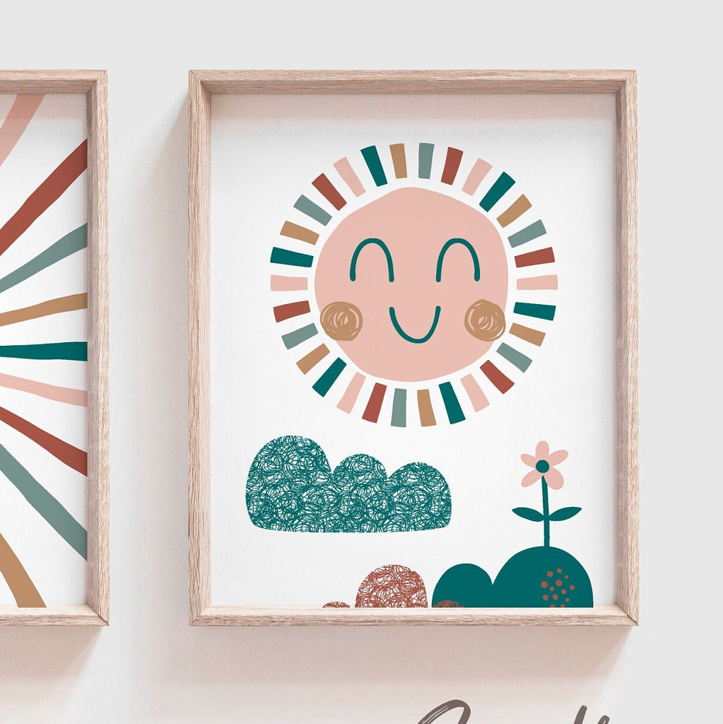 Hello sunshine baby art, teal nursery art, teal bedroom gender neutral kids art, gender neutral nursery beige teal, sun clouds rainbow kids