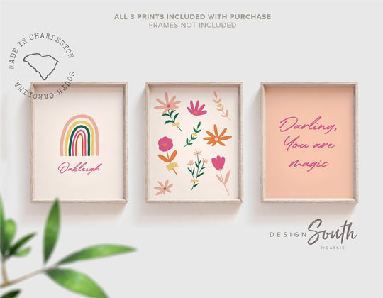 Blush pink coral orange nursery decor, girls coral pink nursery decor, owl decor, pink and orange nursery, flowers rainbows girl's name room – unframed wall art print for kids room or nursery.
