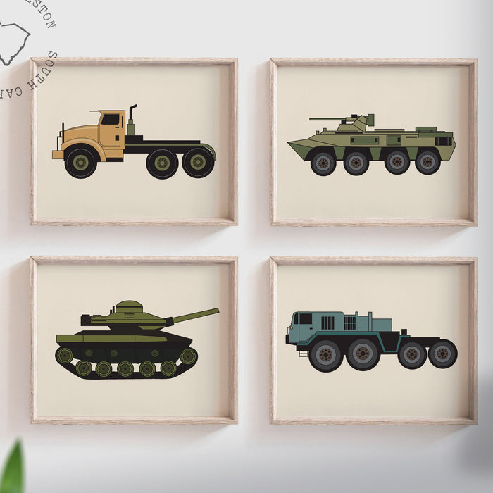 Nursery military, army vehicles print wall art set, boys room wall art, tank truck 4 prints, nursery and children's room decor, boy's room
