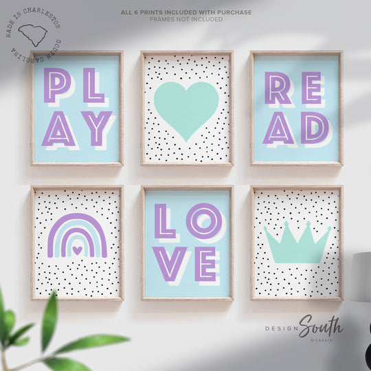 Aqua and purple playroom, aqua purple girl's bedroom art, wall decor for little girl room, play read love art print set, aqua purple hearts – unframed wall art print for kids room or nursery.
