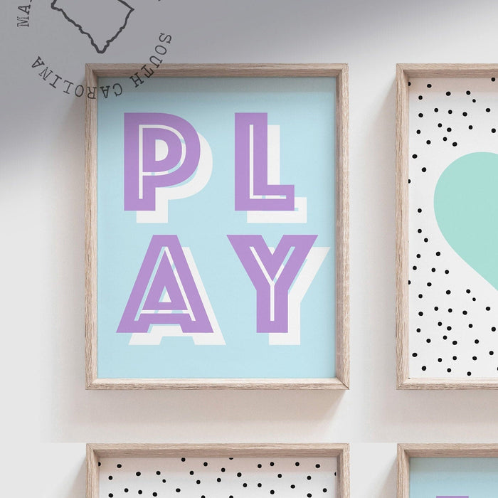 Aqua & Purple Playroom Art — Play, Read, Love Print Set