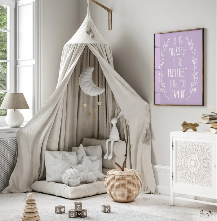 Girls nursery decor, quote for girls bathroom, light purple quote for girls, lavender, being yourself is the prettiest thing you can be art