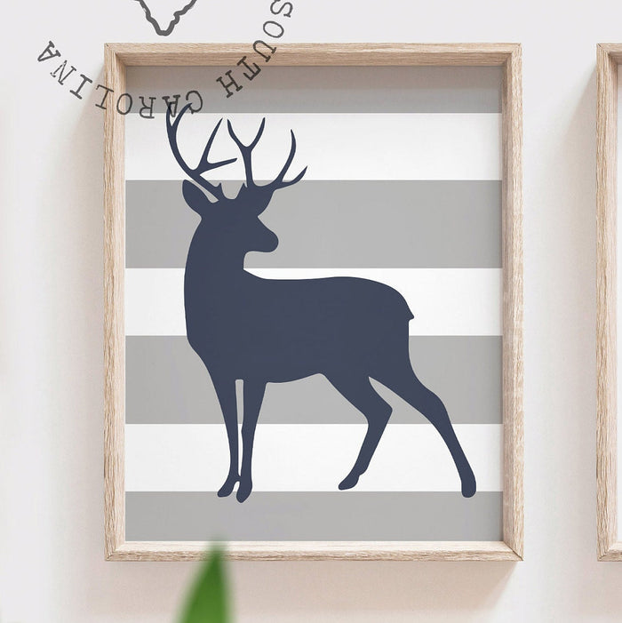 Deer decor, navy gray deer art, boy monogram, buck hunting decor boys room, navy deer big boy room, hunting kids room name personalized art