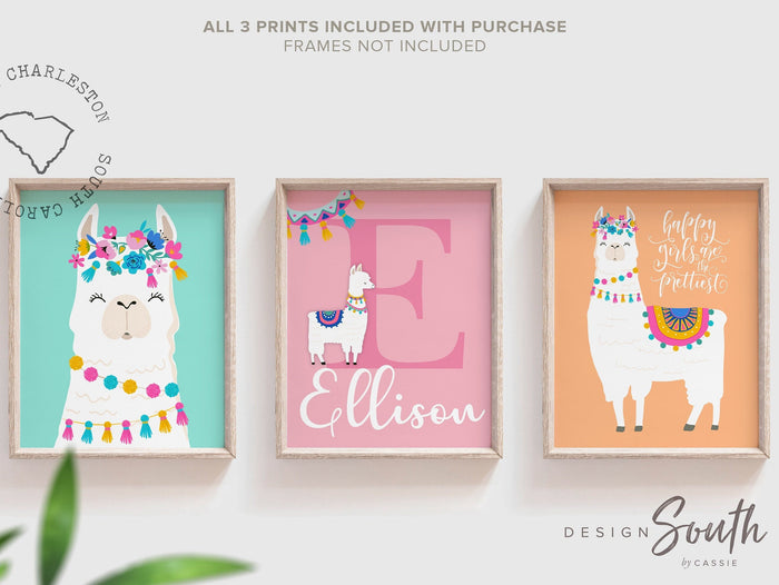 Llama gifts, llama girl's room, playroom wall ideas for little girl, llama baby shower gift, personalized colorful alpaca cactus pastel art